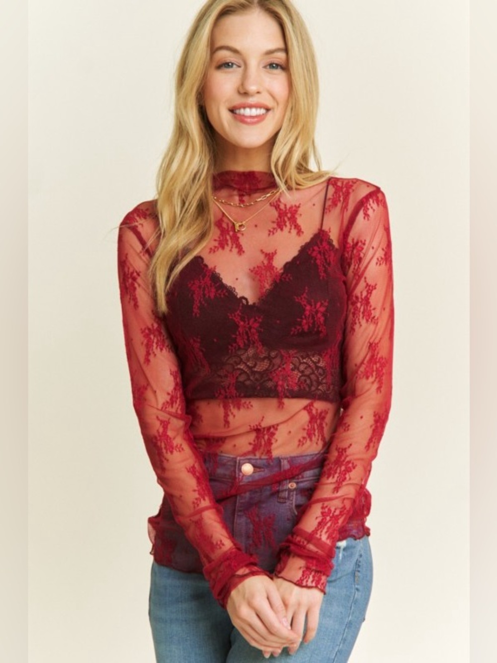 Brie Floral Lace Top- Burgundy